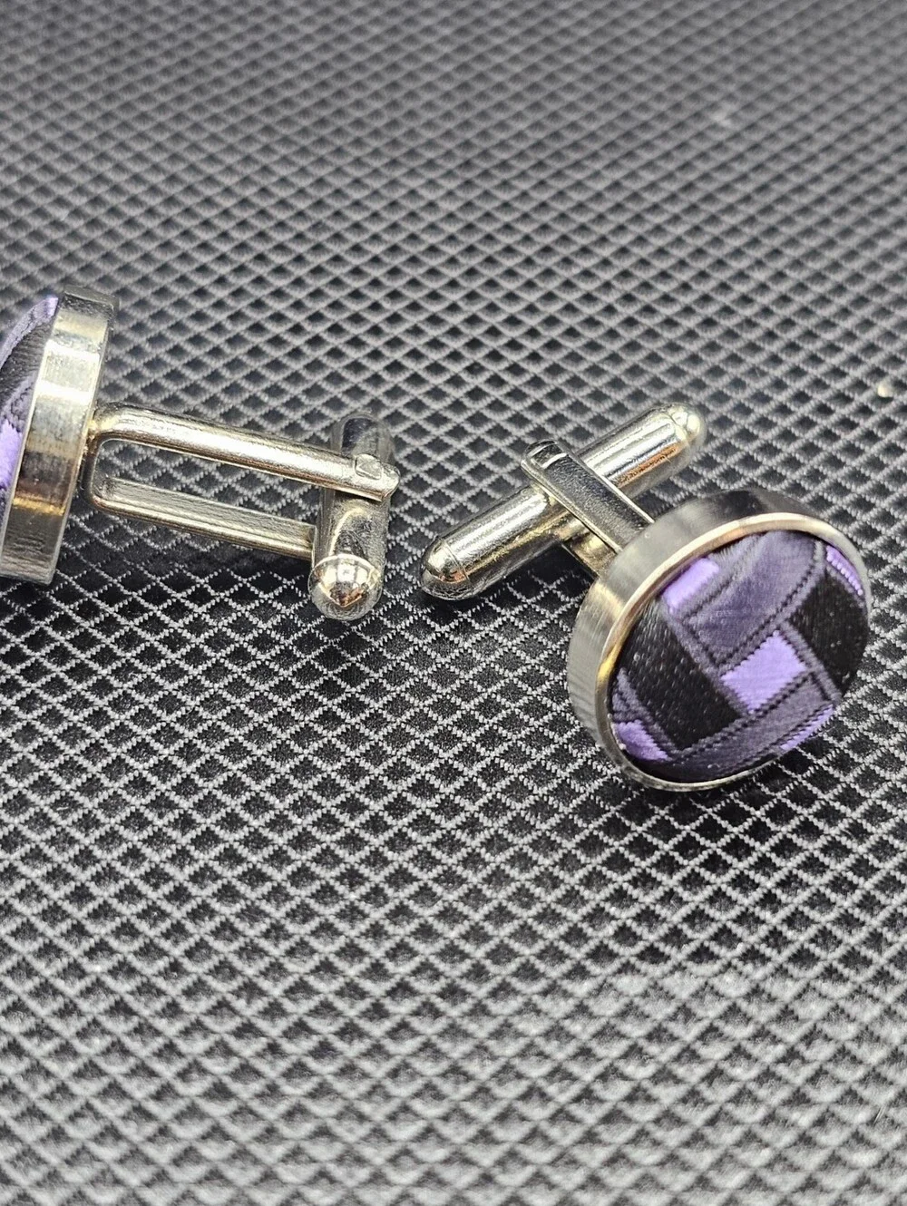 Silver Tone Cufflinks with Purple and Black Fabric Inlay